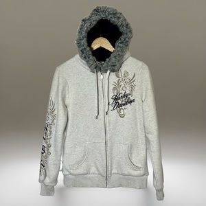 EUC Harley Davidson Zip Up Hooded Sweatshirt Heavy Faux Fur Hoodie Sweater